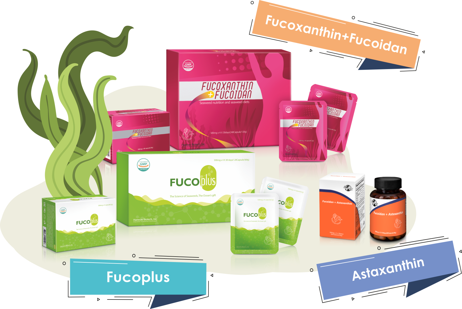 Продукты с фукоиданом Fucoxanthin+Fucoidan, Seaweed Calcium, Astaxanthin